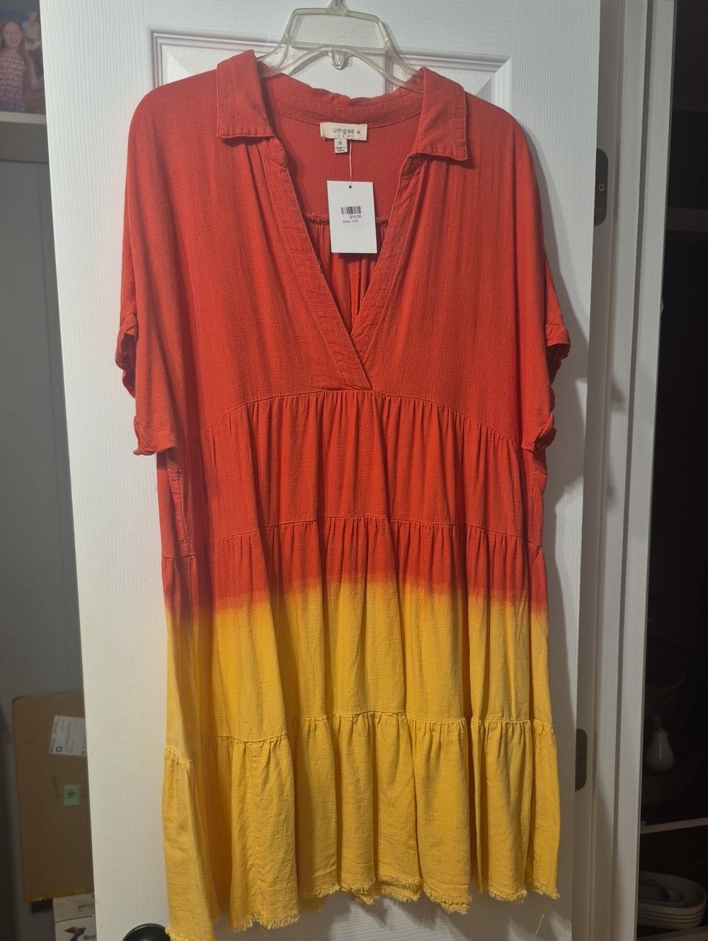 Umgee Red and Yellow Tiered V-Neck Dress